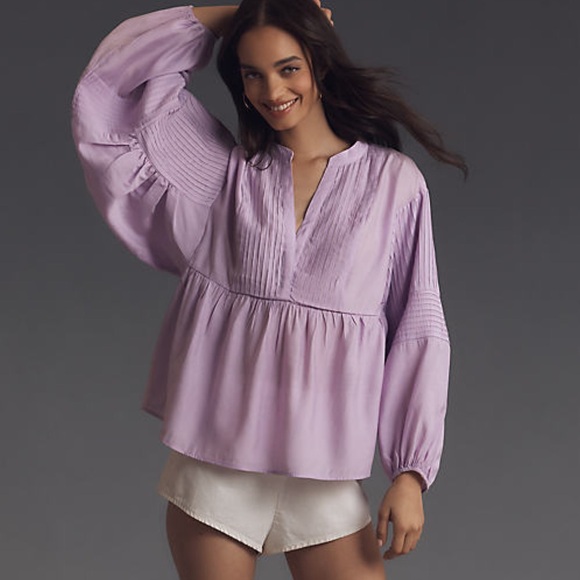 Anthropologie Tops - Anthropologie Long-Sleeve Pintuck Blouse Oversized Top Shirt Boho Purple Medium